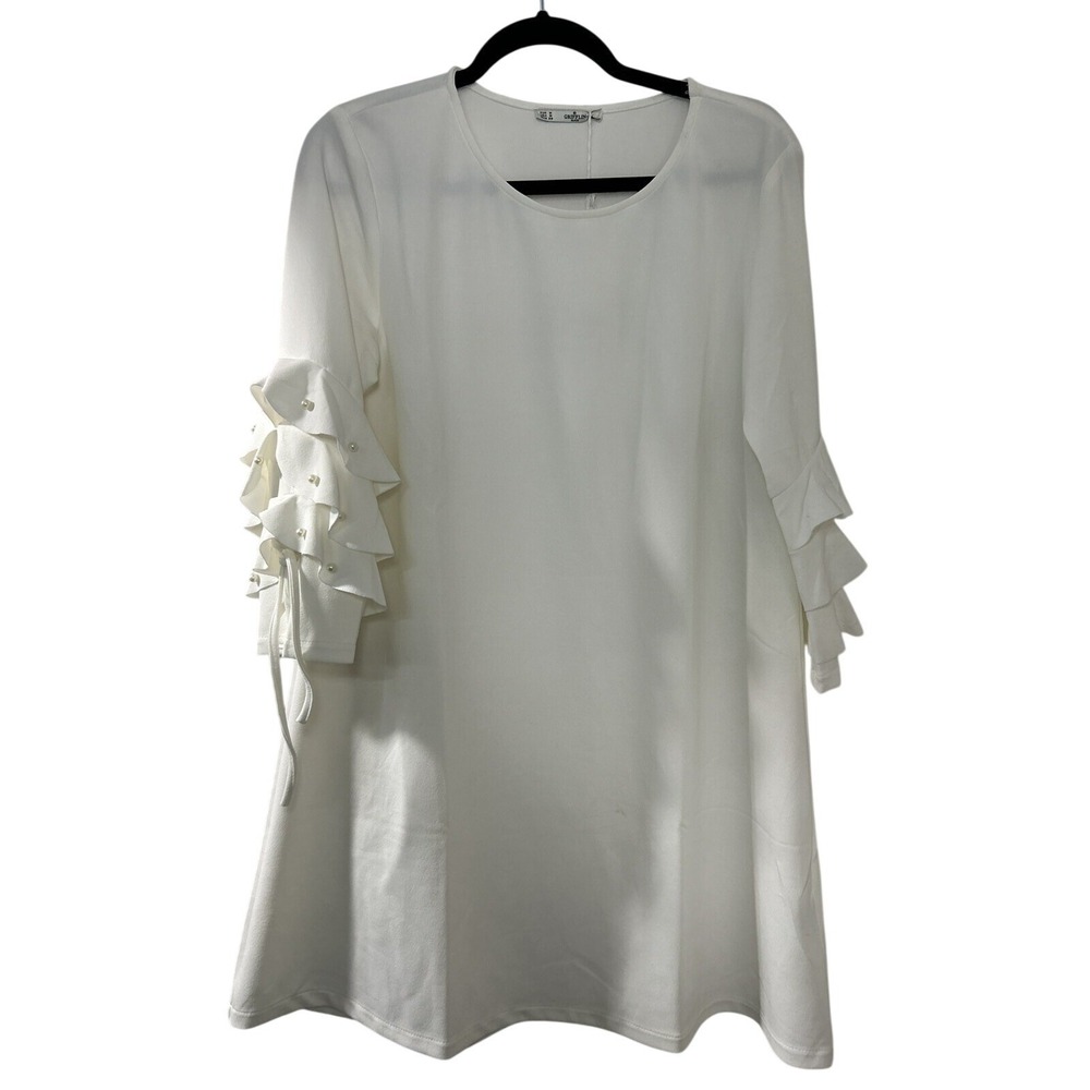 Grifflin‎ Paris Womens White Pearl Ruffle Sleeve Shift Dress Size M 15477 NEW